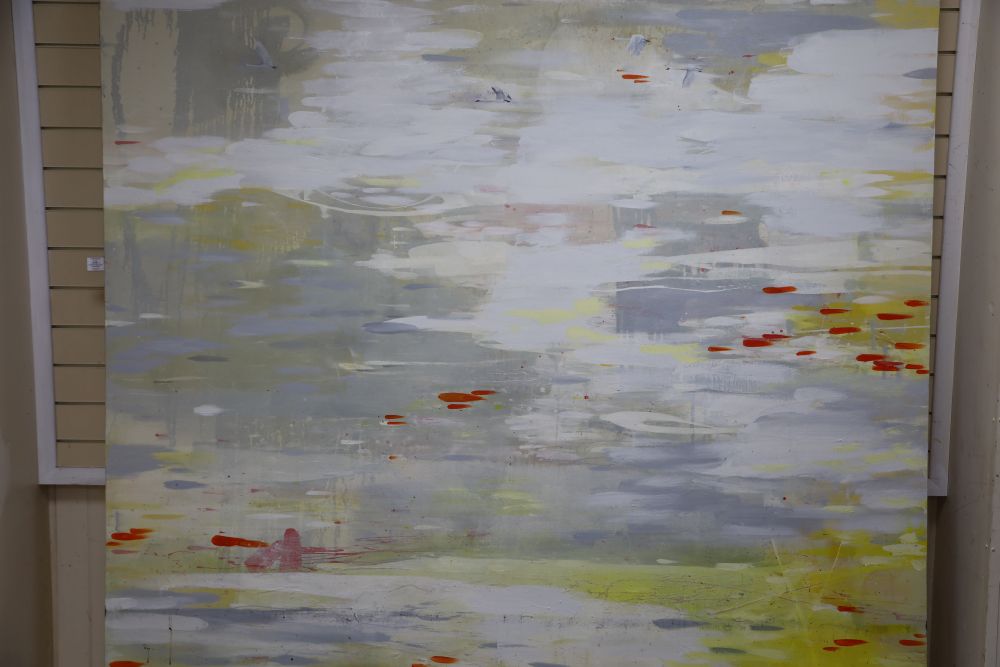 Suling Wang (1968, Taiwanese) Mute swans flying over a lake 95.5 x 79in.
